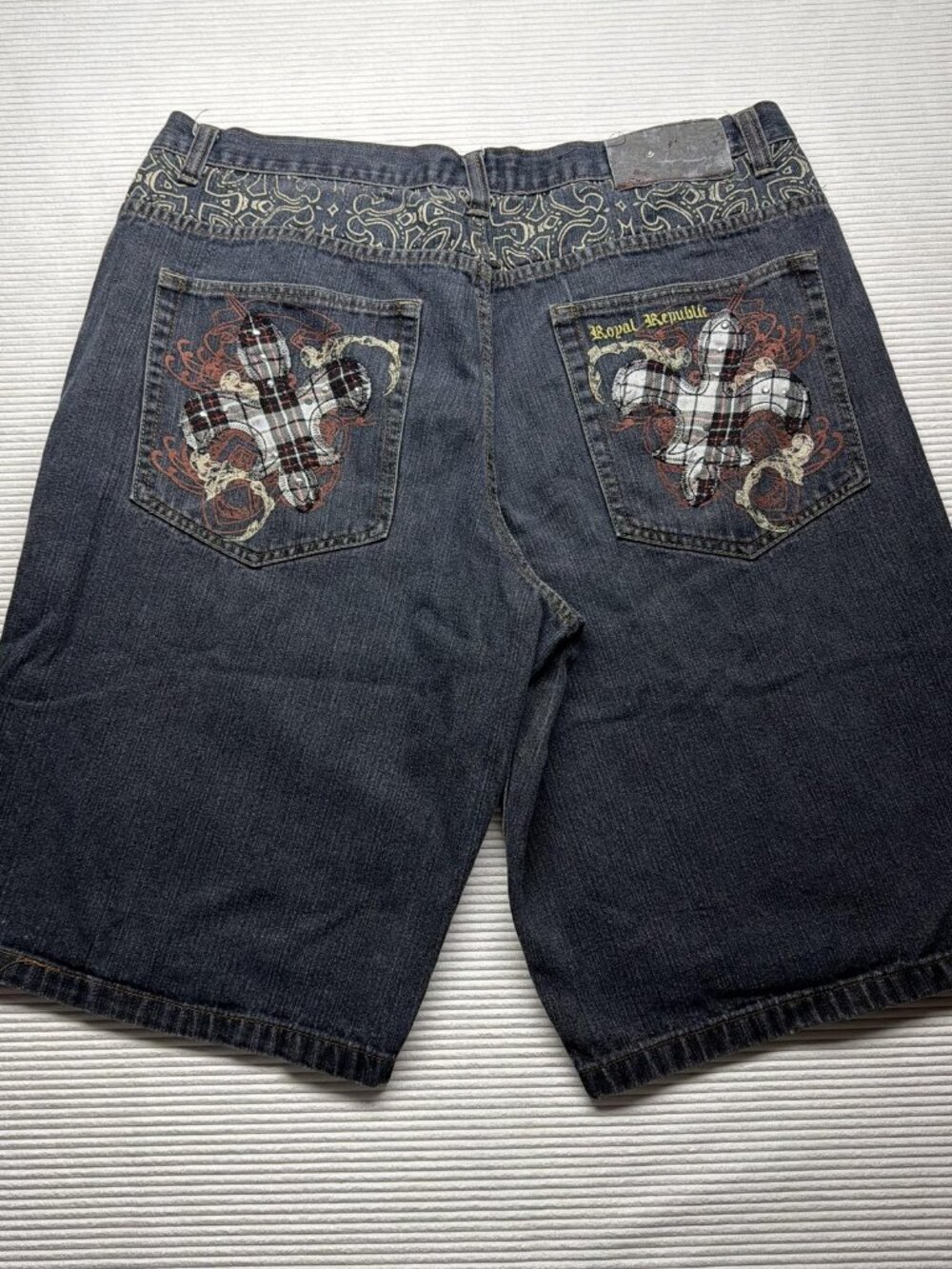 y2k Royal Republic Denim Shorts Mens Blue Embroidered Pockets (Fits 40)
